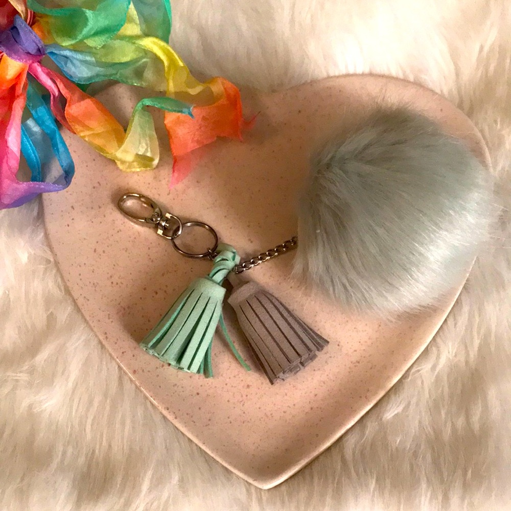 Faux Fur Key Chain / Purse Clip Turquoise & Gray.